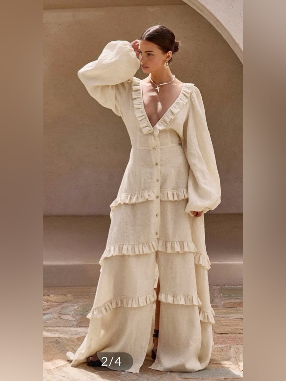 Commense Cotton & Linen semi sheer Ruffle Trim long dress